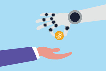 Vector illustration of a robotic hand giving a gold coin to a human hand, symbolizing AI financial support, digital payment, automation in banking, and technology in business transactions
