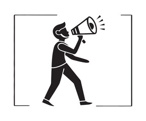 Black Silhouette Person Walking Using Megaphone loudspeaker