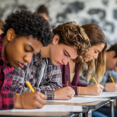 Focused Students in a Classroom: A diverse group of students concentrates intensely on their studies, diligently writing on paper within a focused classroom environment.