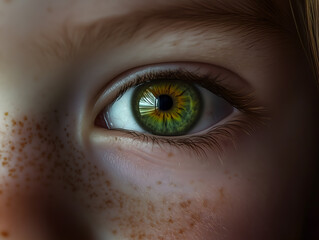 Fototapeta premium Extreme close-up of a green human eye with vivid iris pattern, surrounded by natural freckles and soft skin texture, highlighting beauty, detail, and individuality in human facial features 