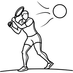 Fototapeta premium Black vector silhouette of a running tennis player with a racket and ball, a cartoon illustration of a sporty boy