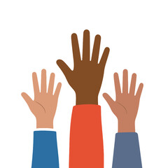 Obraz premium Diverse hands raised in the air showing unity and participation isolated on white background