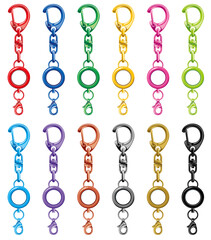 カラフルなナスカンのストラップ付きリールホルダーのベクターイラスト素材セット(Colorful Vector Set of Reel Holders with Lobster Clasp Straps)