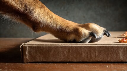 A dog's paw extends inquisitively toward a pizza slice on a cardboard box, a captivating image of canine curiosity.