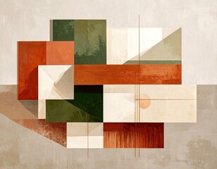 Abstract geometric composition of layered shapes in muted colors
