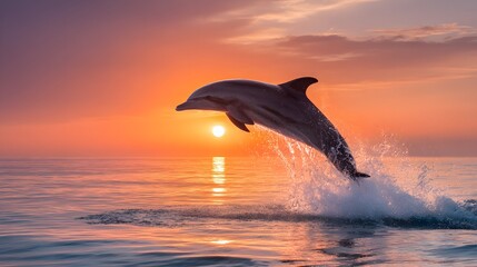 Obraz premium Dolphin leaping at Sunset: A captivating dolphin leaps gracefully from the ocean, set against the backdrop of a vibrant sunset, with its silhouette in silhouette.