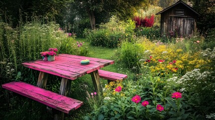 Naklejka premium Pink Picnic Table in Vibrant Summer Garden