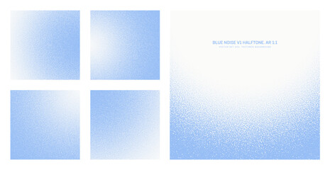 Assorted vector blue noise halftone pattern set in square 1:1 aspect ratio including round smooth blurred frame and various textures. Different half tone grainy texture composite design element bundle