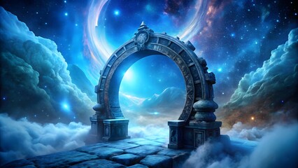 Photo of an ancient stone archway stands as a celestial portal amidst swirling nebulae and glowing stars in a dreamlike cosmic landscape