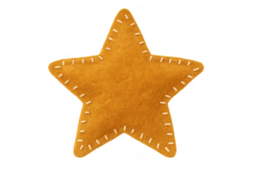 Orange felt star ornament with blanket stitching, hanging against transparent backdrop, highlighting seasonal crafting technique