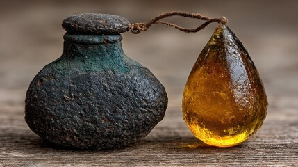 Ancient Relic: Awe-Inspiring Stone Jar and Amber Teardrop
