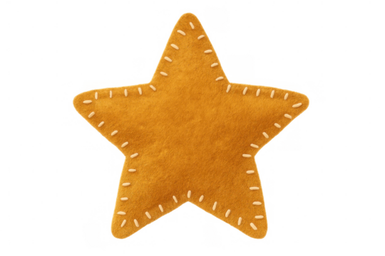 Orange felt star ornament with blanket stitching, hanging against transparent backdrop, highlighting seasonal crafting technique