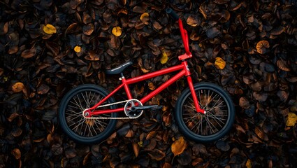 Red bmx bike on autumn leaves background for extreme sports and outdoor adventure photography
