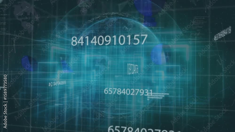 Poster on grid pulse, digital globe streaming numbers and shifting data while visualizing data network