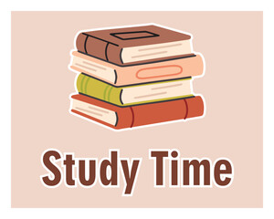 Illustration of stacked books with "Study Time" text. Calm composition symbolizing focus, learning, school routine and educational dedication