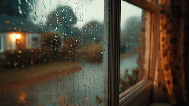 Rainy day view from a window with raindrops on the glass, a house and street outside