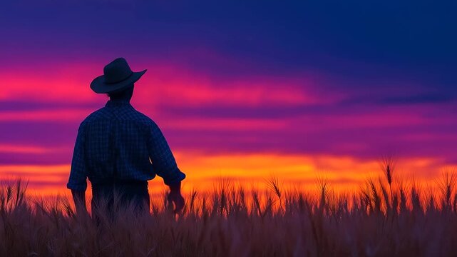 Farmer silhouetted against colorful evening sky while checking wheat ears