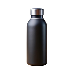 Sleek matte black reusable water bottle with silver cap isolated on transparent background