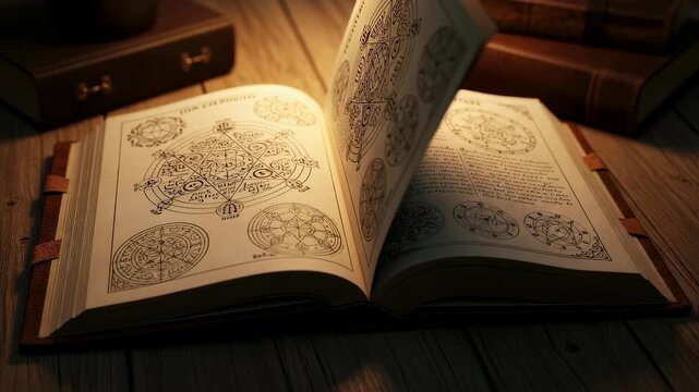 Old spellbook with mystical symbols and drawings on wooden table, page turning. Magic literature research. Animation.
