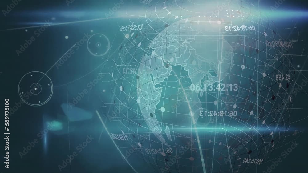 Poster bright flare emerging initiating grid forming around rotating wireframe globe showing data links