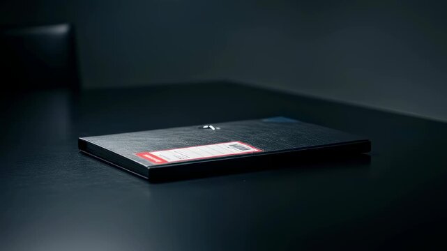 Man's hand placing file folder on dark table then removing it, revealing label on document in office footage.