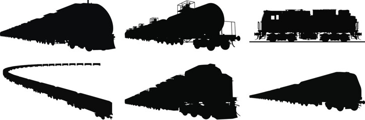 Obraz premium Train silhouette vector set, black outline of freight and locomotive, railway transport shapes for industrial design