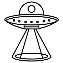 Illustration of a black and white ufo with a dome, lights, and a beam of light coming from the bottom