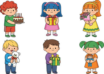 Happy kids with birthday gifts, cake, flowers, and toys, colorful cartoon children celebrating special occasion, perfect for party illustrations
