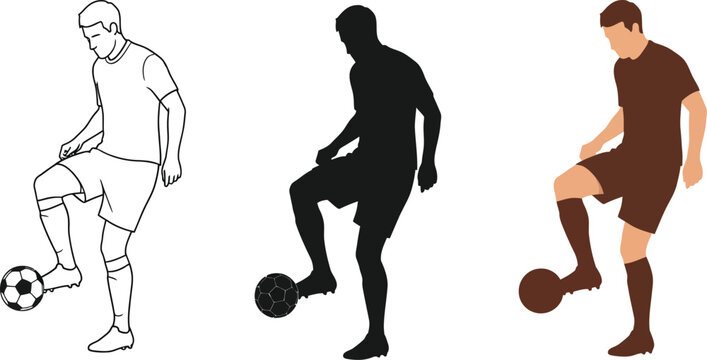 Three stylized soccer player illustrations showcase a man juggling a soccer ball with his foot, presented as a line drawing, a solid silhouette, and a colored vector graphic.
