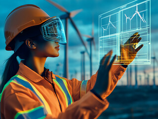 Woman engineer in safety gear operating augmented reality interface at wind power site, analyzing digital data in a futuristic renewable energy environment focused on innovation and sustainability 