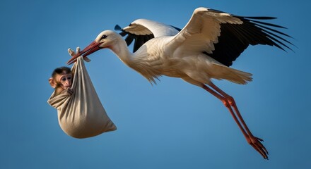 A White stork carries a newborn baby monkey in a cloth bundle, symbolizing the classic folklore of storks delivering babies.