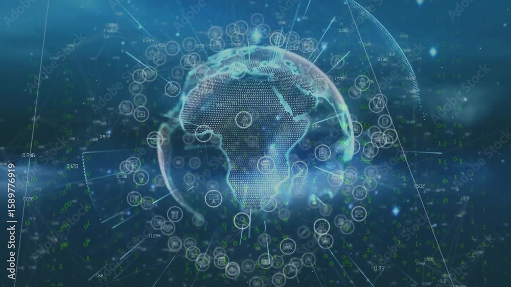 Poster on launch 3d globe rotating while icons emerging and connecting representing global network
