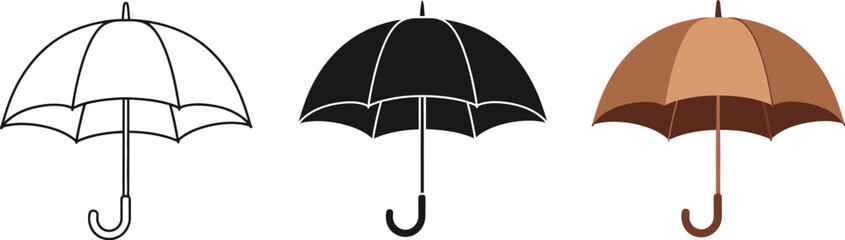 Three umbrella icons showcase weather protection in line art, solid black, and brown tones, offering diverse design options for seasonal graphics and vector illustrations.