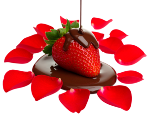 Dripping Chocolate on Strawberry with Rose Petals, Romantic Food Art on White
