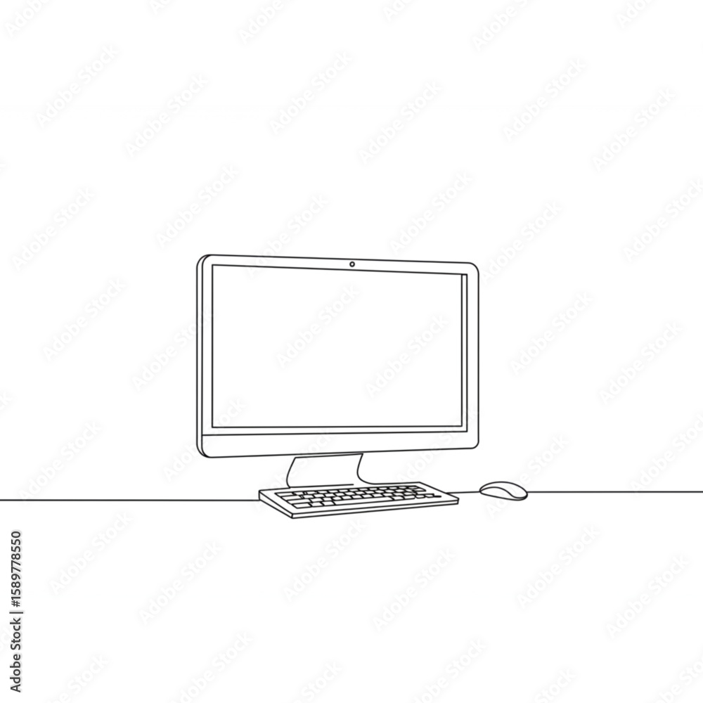 Fototapete line art drawing of a computer display, keyboard, and mouse provides a minimalistic graphic ideal fo