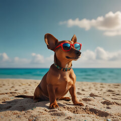 Confident Dachshund Wearing Red Sunglasses on the Beach