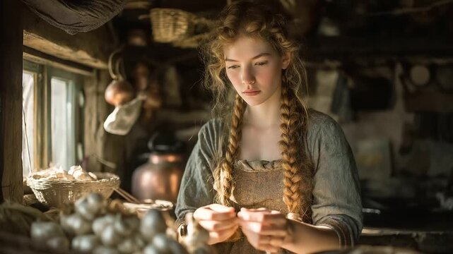Girl braiding garlic in a rustic kitchen with golden light
