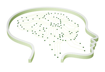 PCB brain inside female head icon on transparent background. 3D illustration