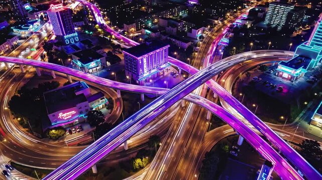 Light trails from speeding cars flow across a neon-lit city overpass in a vibrant night setting
