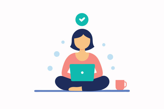 Woman working on a laptop while meditating, achieving task completion