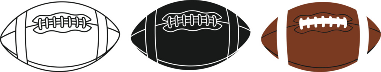 American football icons showcase the sport's essence with a line art version, a solid black silhouette, and a fully colored illustration, perfect for sports-themed designs.