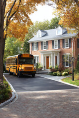 Obraz premium Yellow school bus parked in suburban driveway during autumn season. School Bus Wait Zone Setup at Home