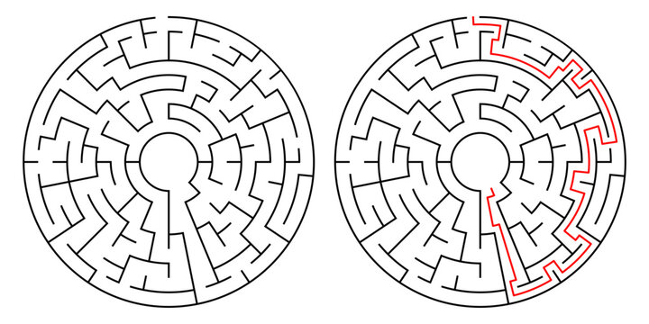 Circular maze puzzle with solution path. Black and white vector design with red solving line. Perfect for brain games, logic training, or educational materials.

