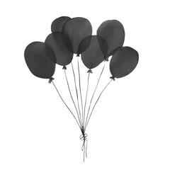 a bunch of watercolor black balloons isolated on a transparent background