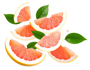 Floating Red Pomelo Slices with Green Leaves, isolated on transparent background