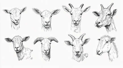 Obraz premium A series of hand-drawn line drawings depicting the heads and bodies of various farm animals