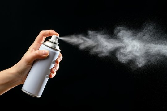 Hand spraying aerosol can with white mist on black background, product application concept