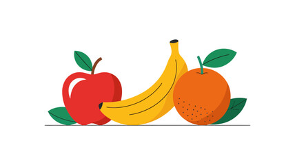 Vector Vibrant red apple yellow banana and orange with green leaves on white background