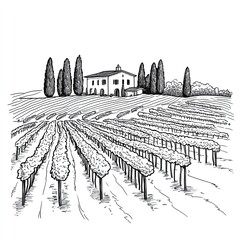 A simple line drawing of an Italian vineyard with rows of grapevines and cypress trees, with a house in the background
