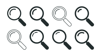 Vector Collection of eight simple magnifying glass icons in a clean white background